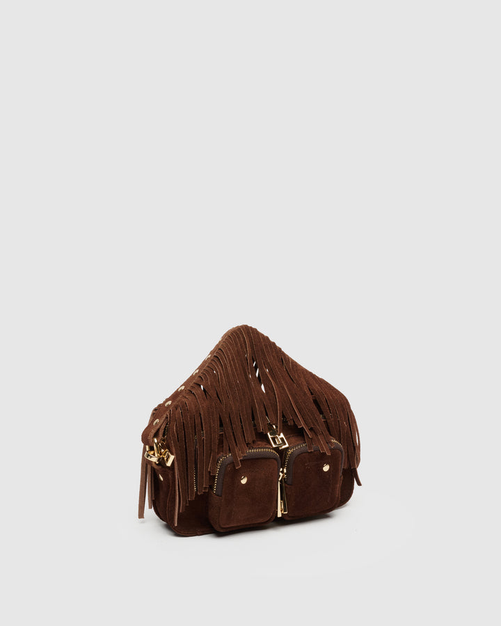 Núnoo Helena Fringe Suede Dark Brown w. Gold Small bag Dark brown
