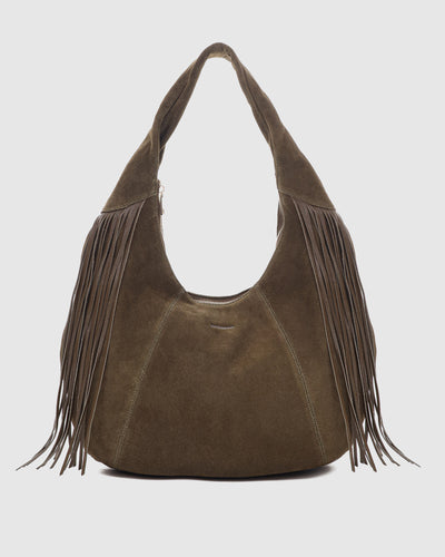 Gabi Suede Fringe Dark Olive w. Gold